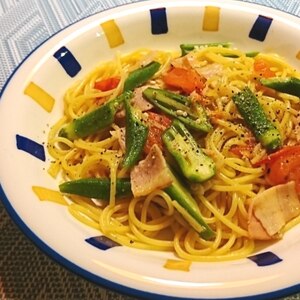 夏野菜のにんにく生姜醤油パスタ